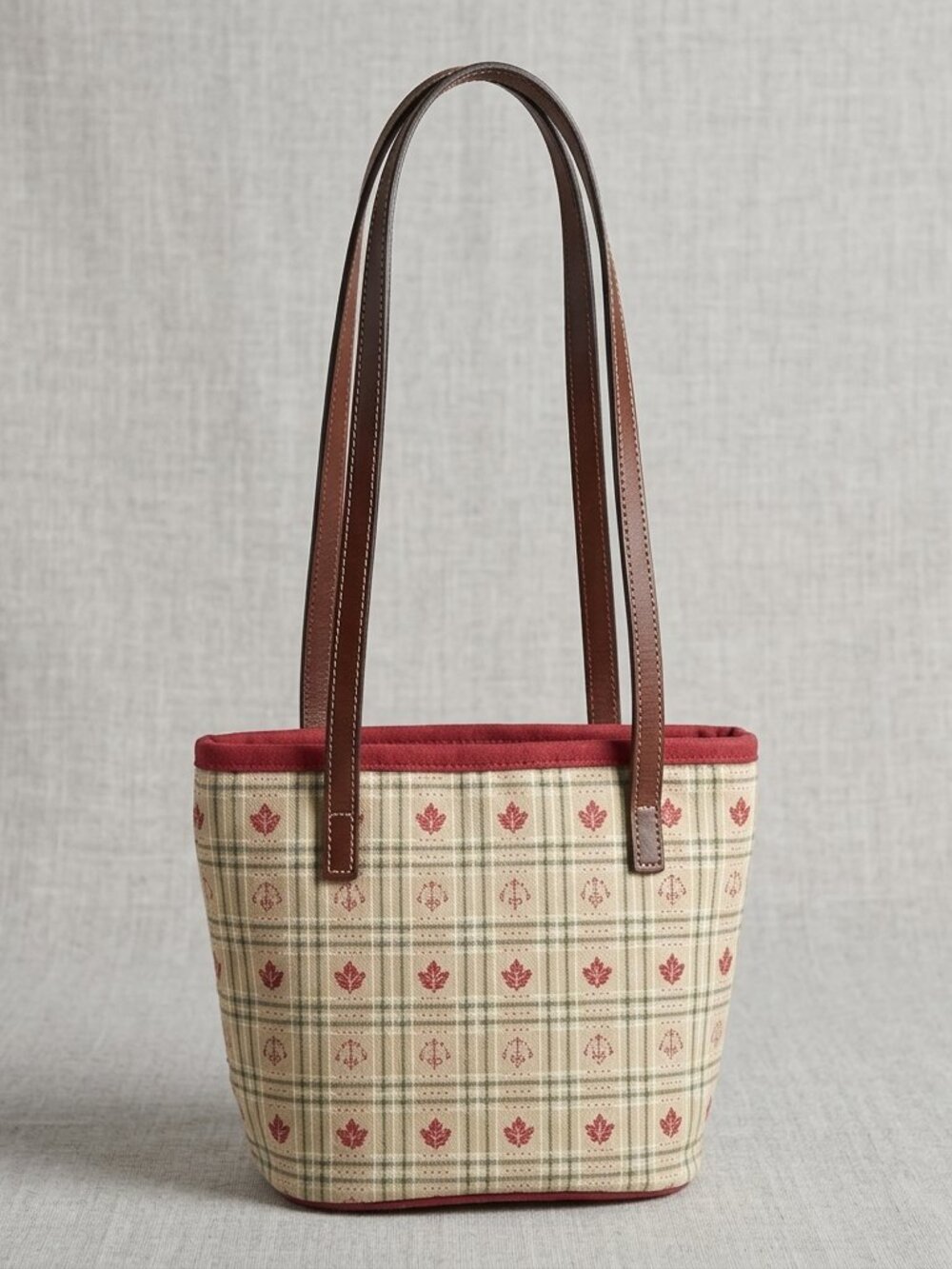 Longaberger Plaid Leaf Acorn Small Tote Handbag Faux Leather Straps Burgundy